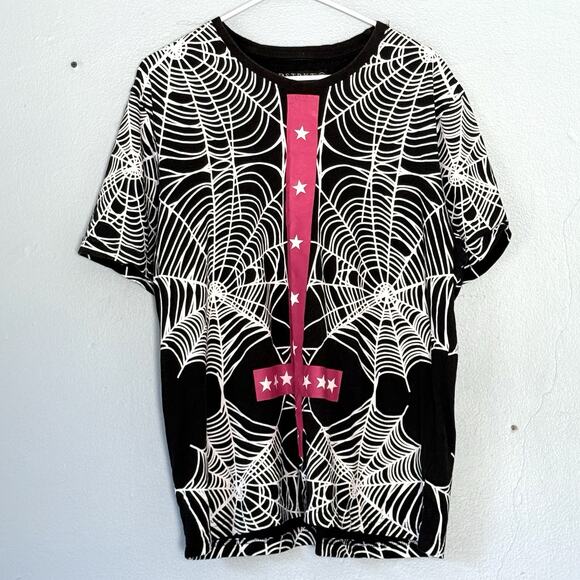 DSTRKT T Shirt 2XL Allover Cobweb Print Black Halloween Inverted Cross Grunge - Picture 1 of 7